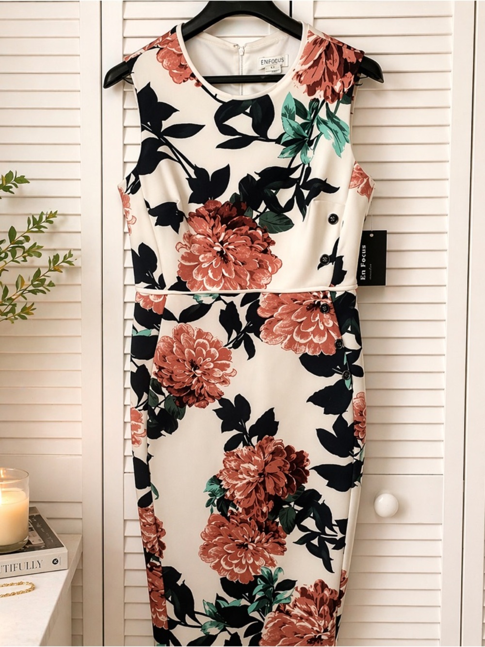 Enfocus Studio Cream Midi Sheath Dress with Rose Floral Print